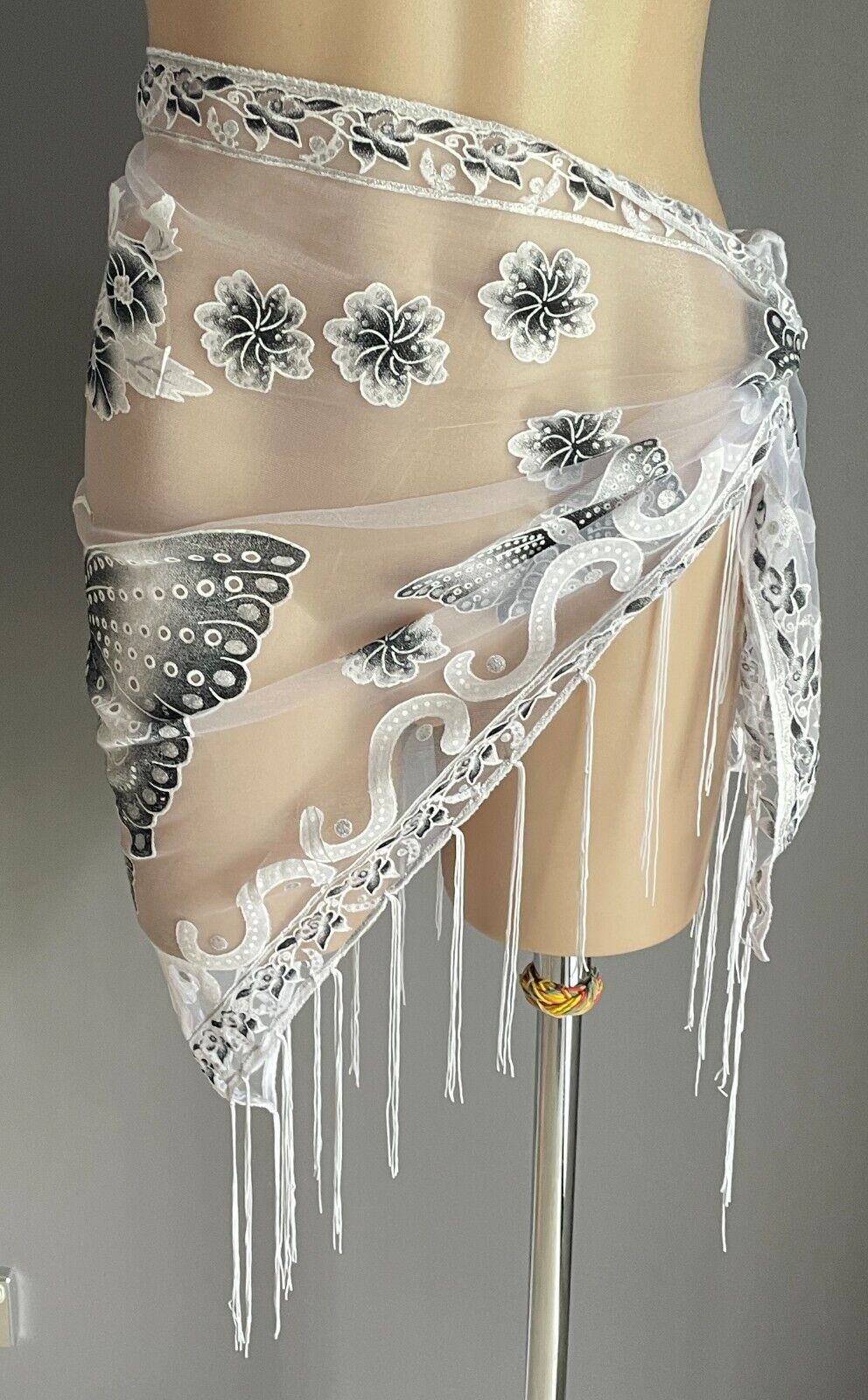 Neck Hip SCARF White Net Shawl Black Grey White Flower Butterfly Glitter Fringed