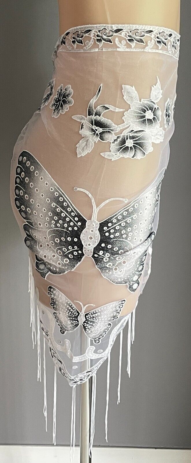 Neck Hip SCARF White Net Shawl Black Grey White Flower Butterfly Glitter Fringed