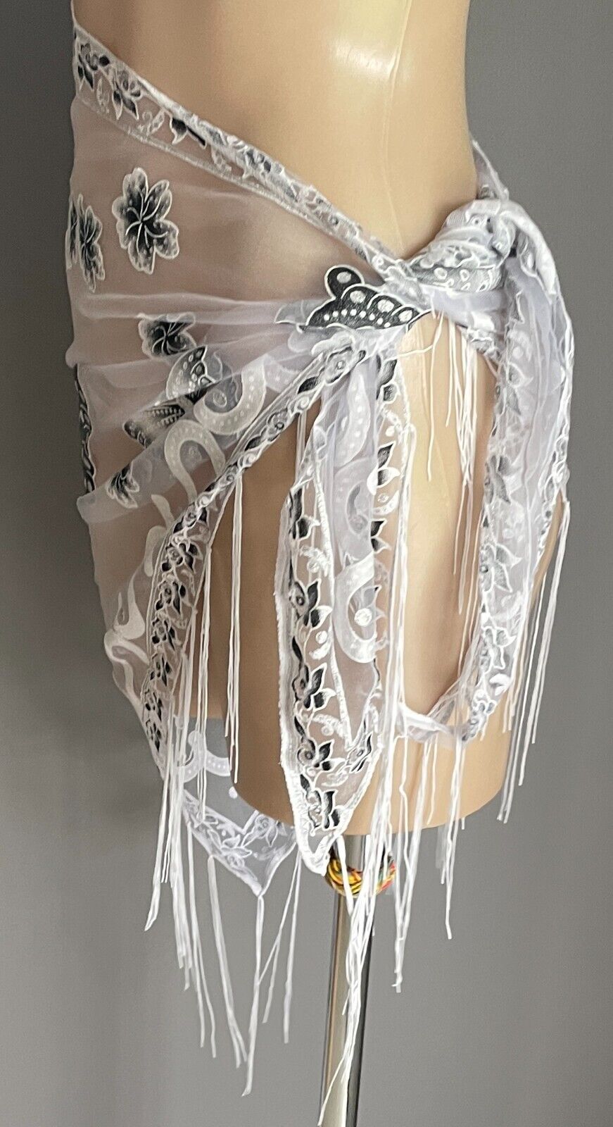 Neck Hip SCARF White Net Shawl Black Grey White Flower Butterfly Glitter Fringed