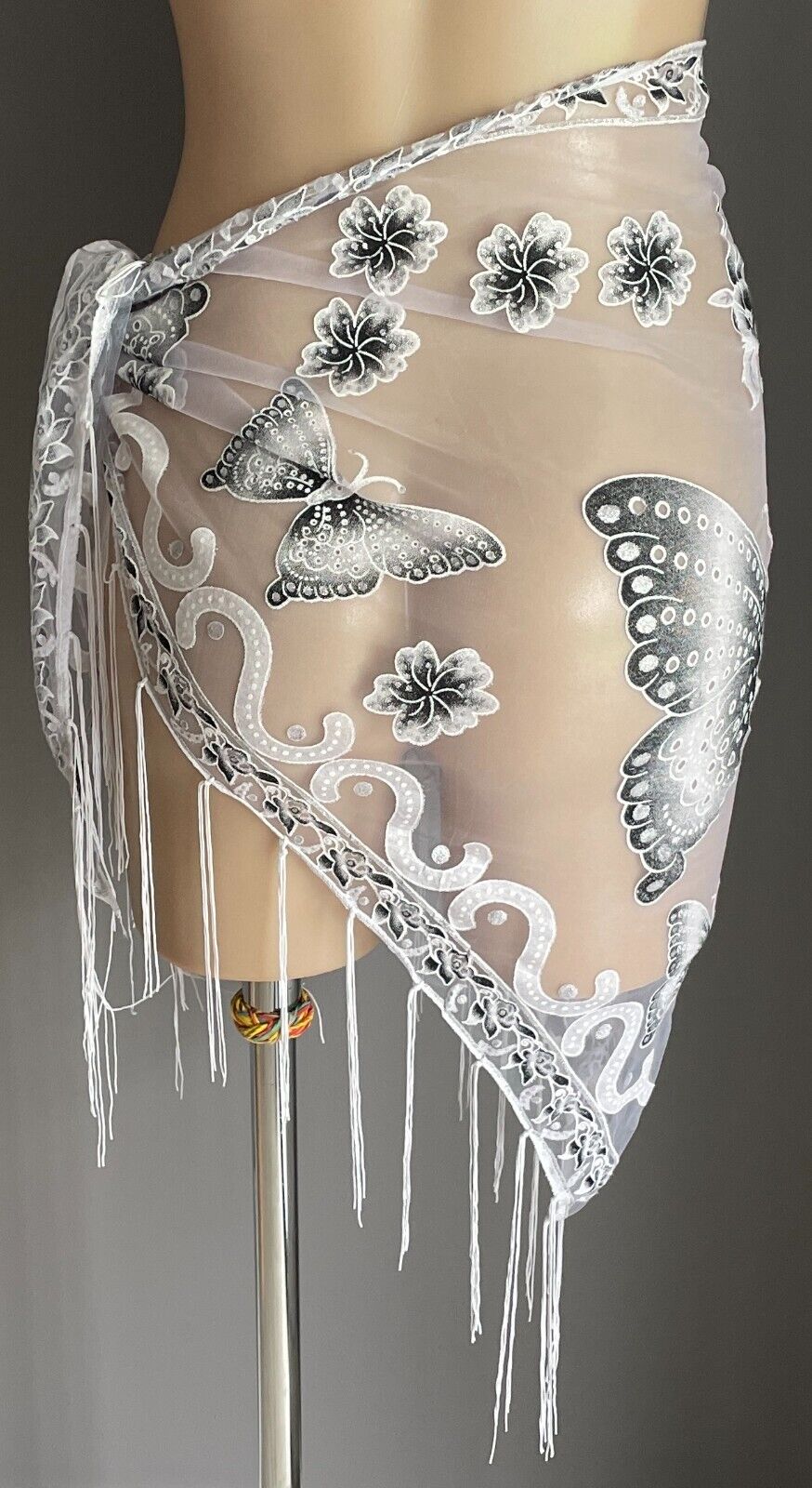 Neck Hip SCARF White Net Shawl Black Grey White Flower Butterfly Glitter Fringed