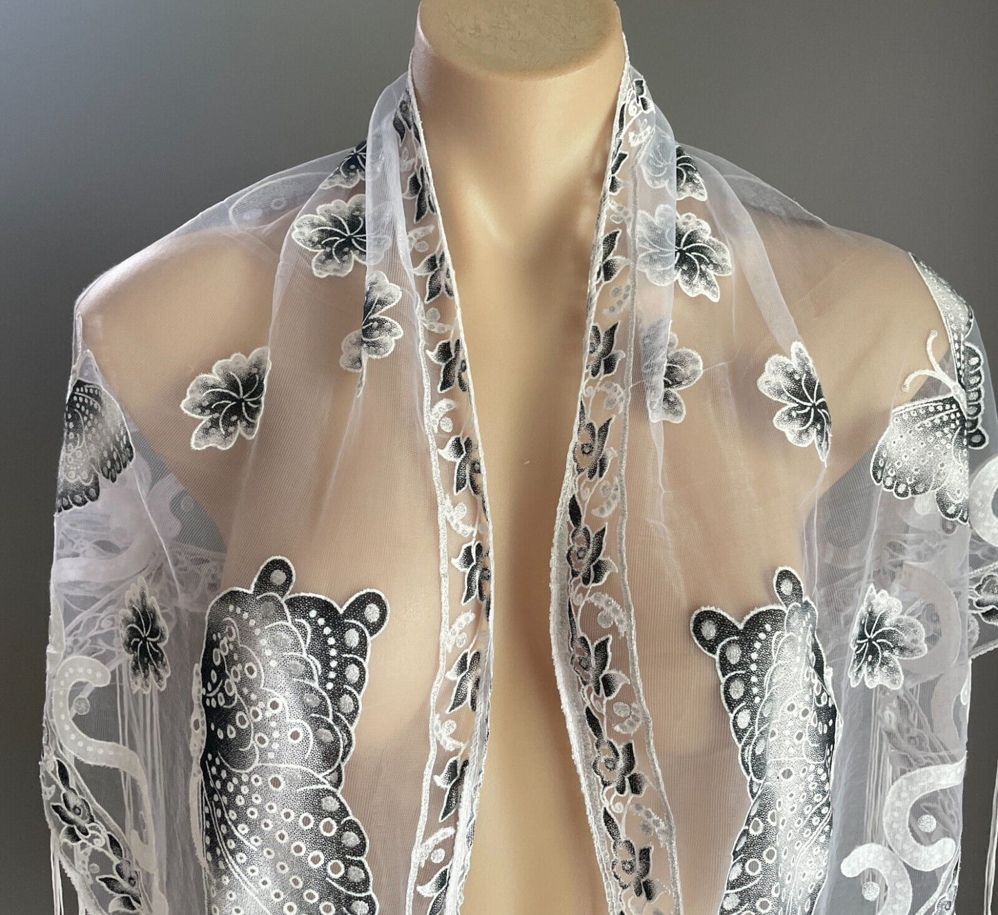 Neck Hip SCARF White Net Shawl Black Grey White Flower Butterfly Glitter Fringed