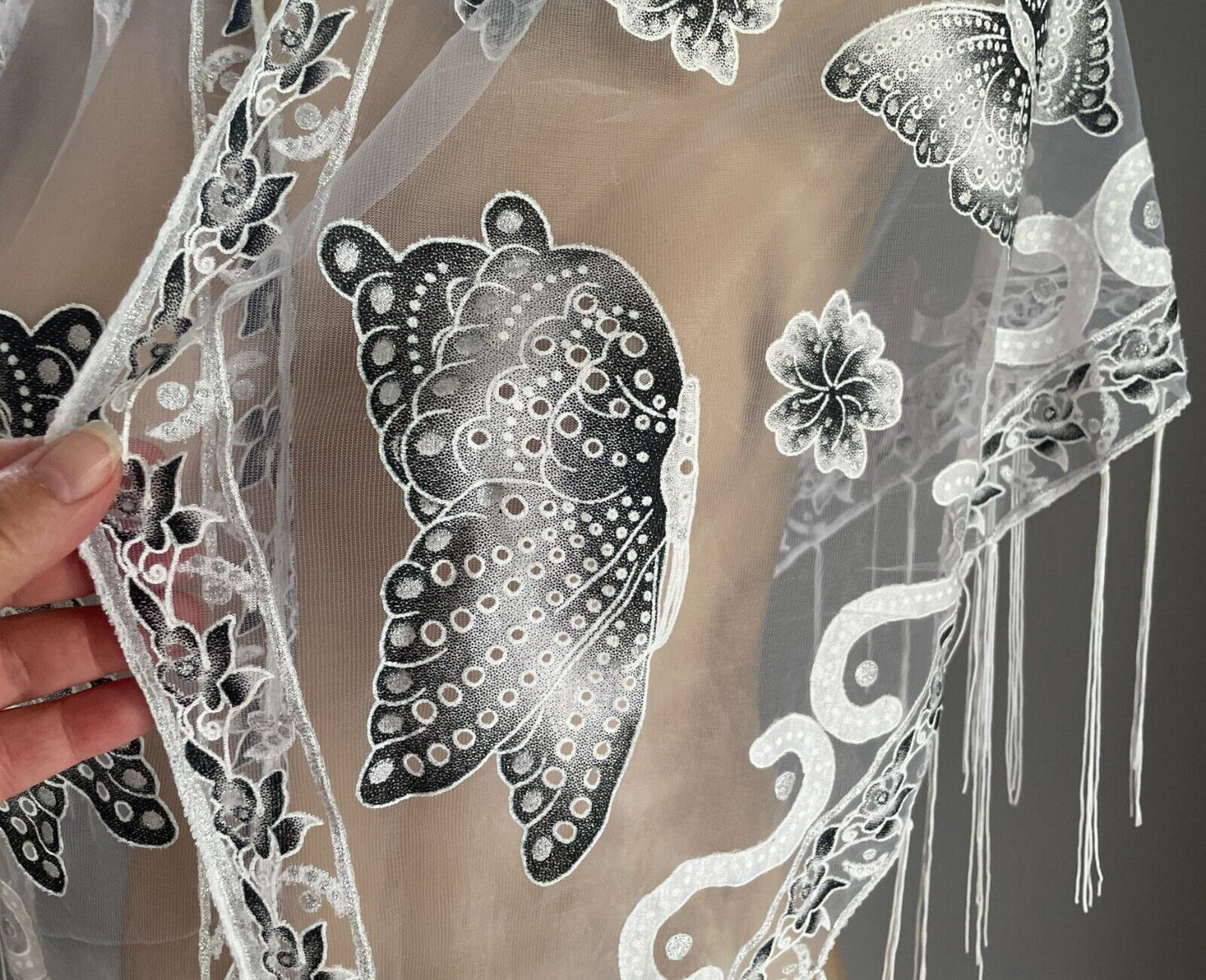 Neck Hip SCARF White Net Shawl Black Grey White Flower Butterfly Glitter Fringed