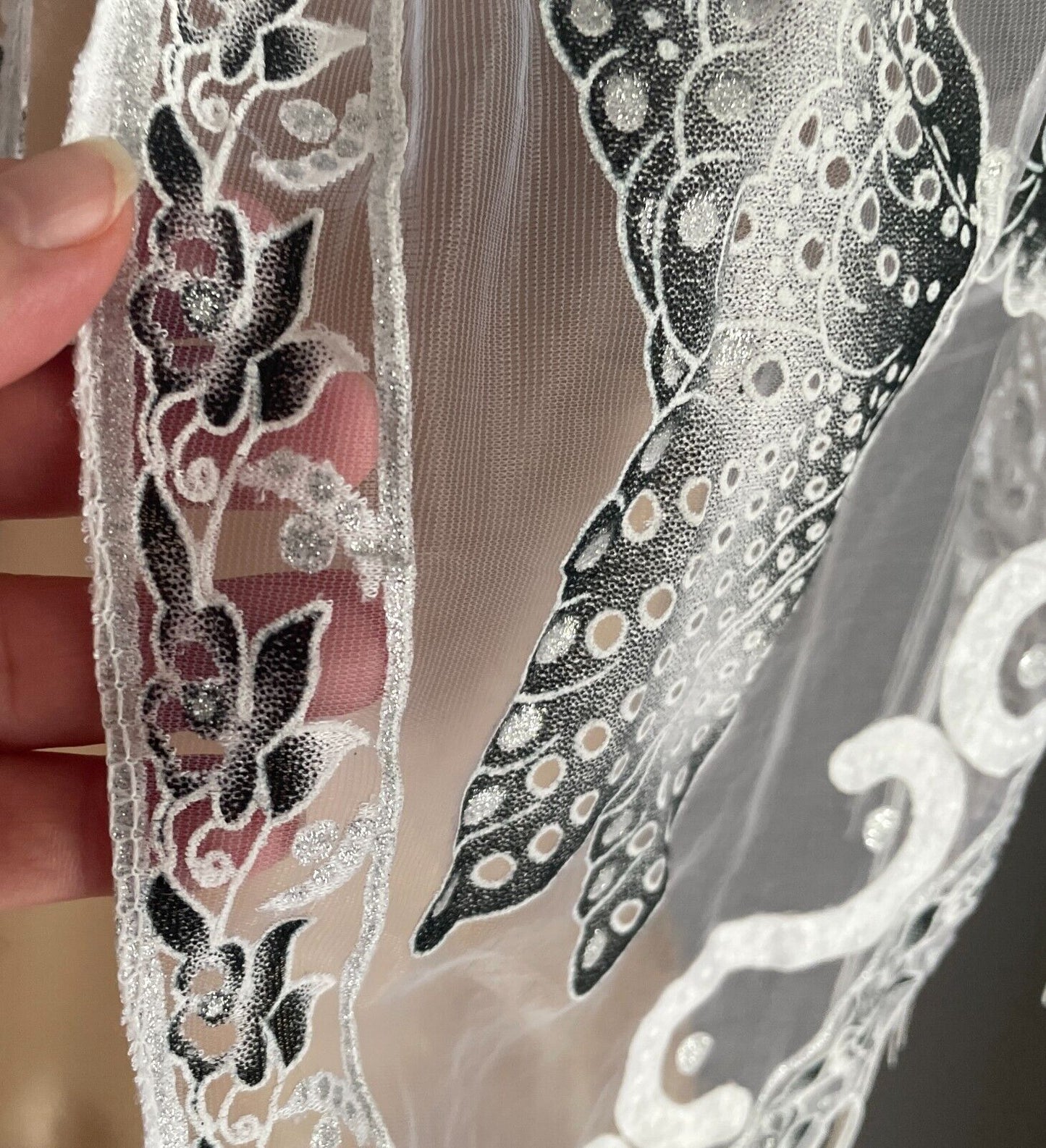 Neck Hip SCARF White Net Shawl Black Grey White Flower Butterfly Glitter Fringed