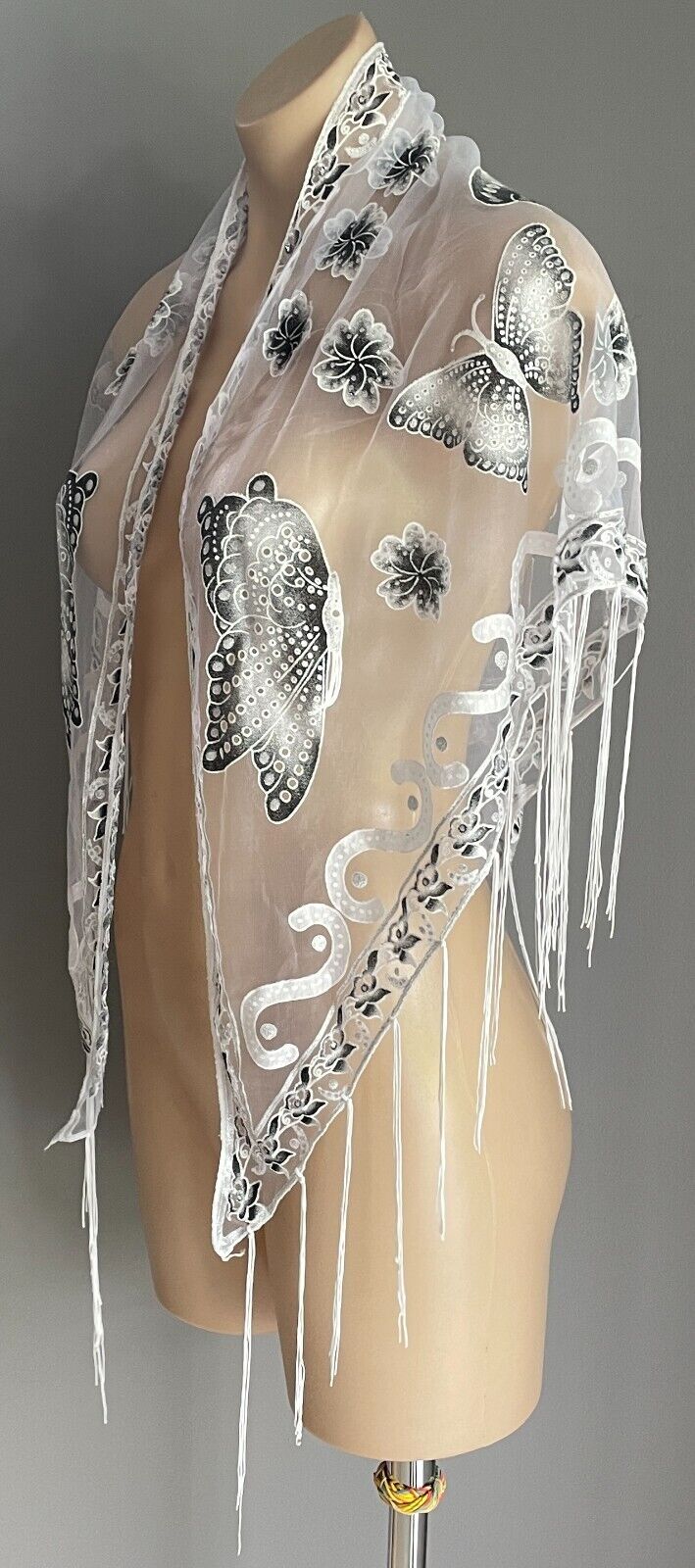 Neck Hip SCARF White Net Shawl Black Grey White Flower Butterfly Glitter Fringed