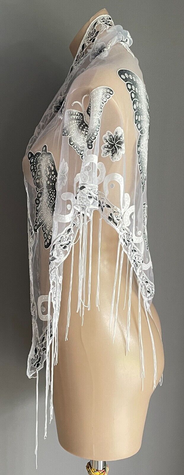 Neck Hip SCARF White Net Shawl Black Grey White Flower Butterfly Glitter Fringed
