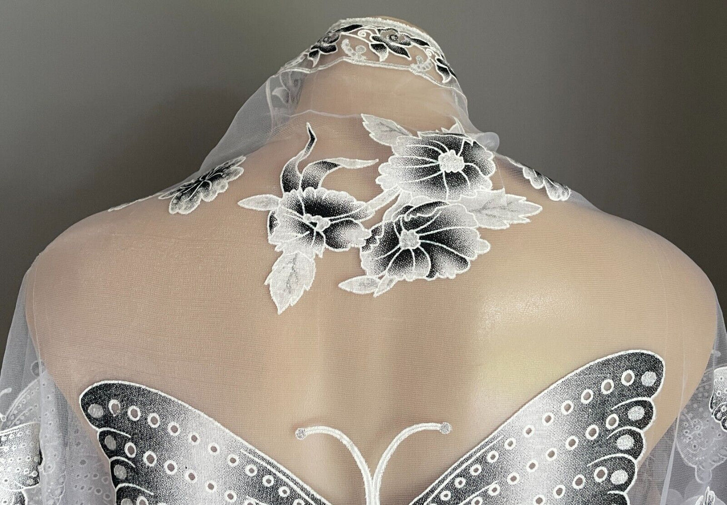 Neck Hip SCARF White Net Shawl Black Grey White Flower Butterfly Glitter Fringed
