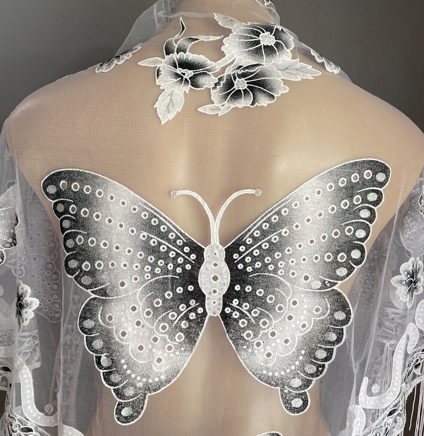 Neck Hip SCARF White Net Shawl Black Grey White Flower Butterfly Glitter Fringed