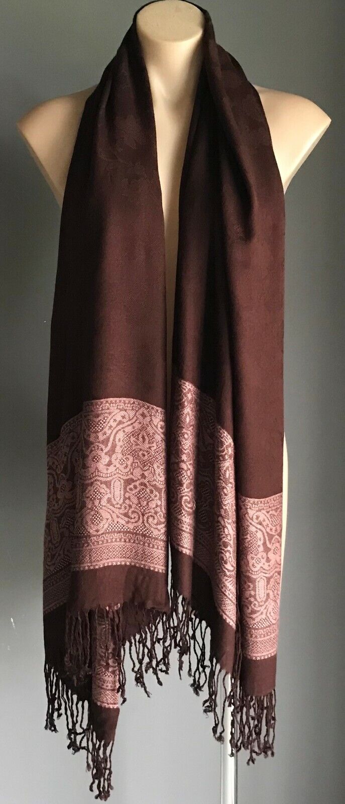 Shawl Brown & Pink Colour Fine Knit Scarf w Fringed Trim Gorgeous Neck SCARF