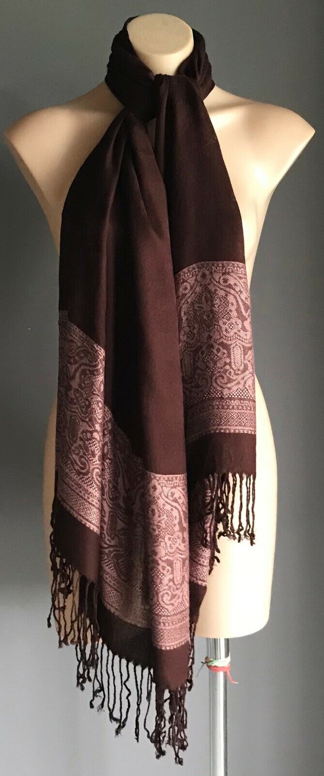 Shawl Brown & Pink Colour Fine Knit Scarf w Fringed Trim Gorgeous Neck SCARF