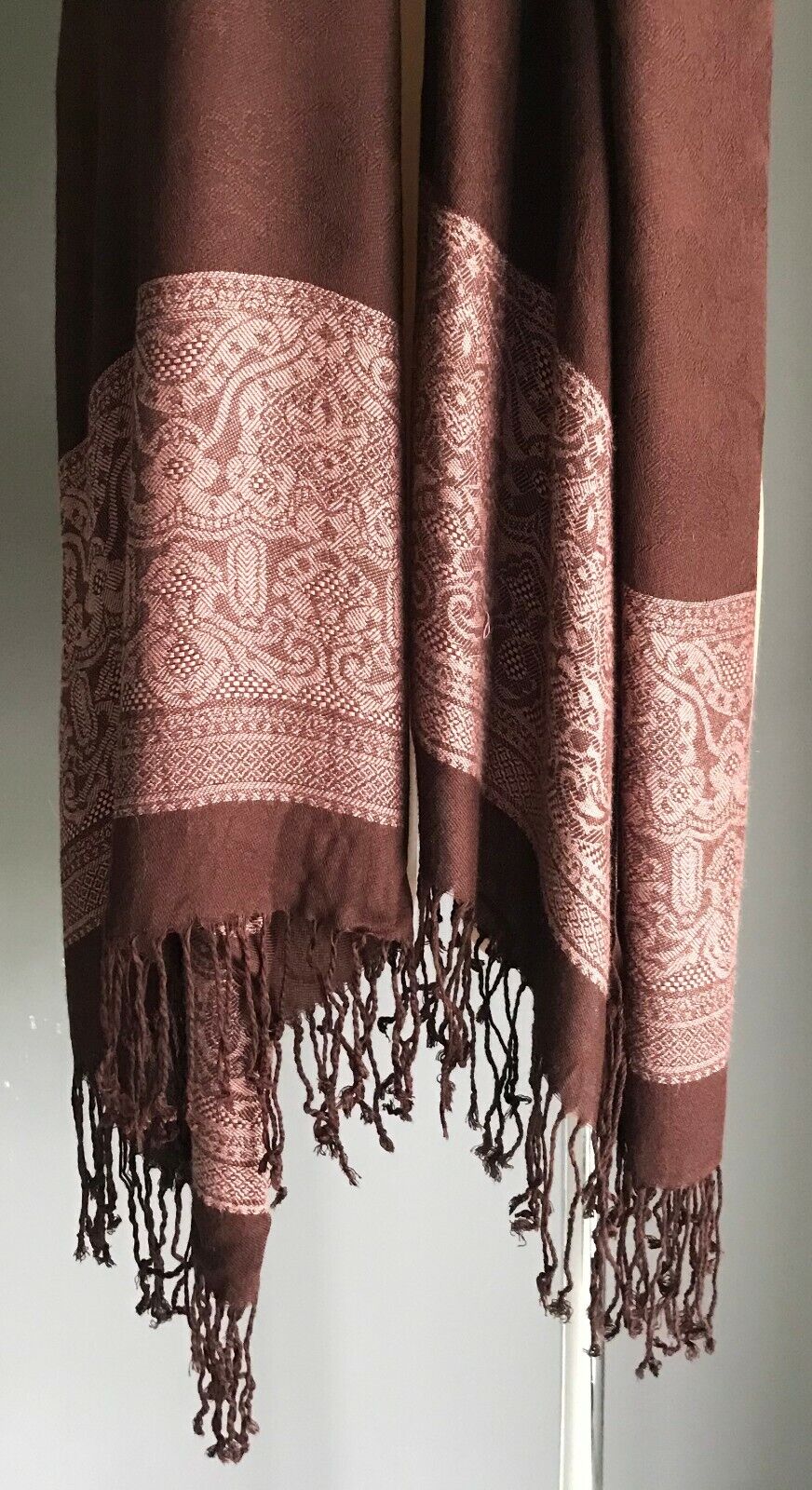 Shawl Brown & Pink Colour Fine Knit Scarf w Fringed Trim Gorgeous Neck SCARF