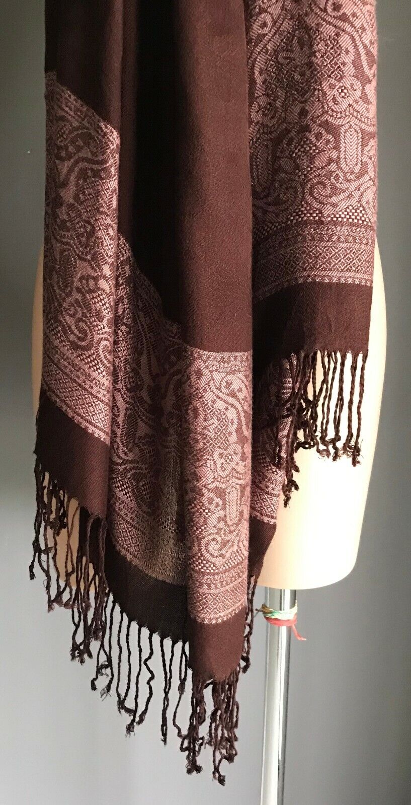 Shawl Brown & Pink Colour Fine Knit Scarf w Fringed Trim Gorgeous Neck SCARF