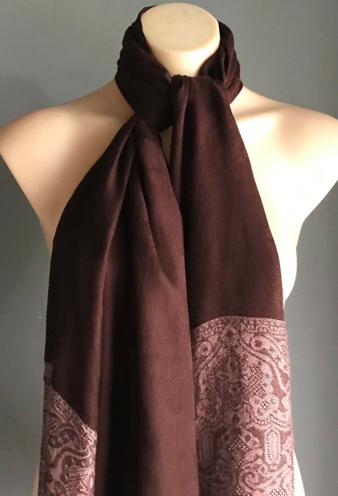 Shawl Brown & Pink Colour Fine Knit Scarf w Fringed Trim Gorgeous Neck SCARF