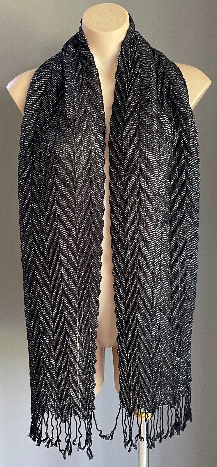 Neck SCARF Black & Silver Thread Herringbone Pattern Rectangle Fringed Trim