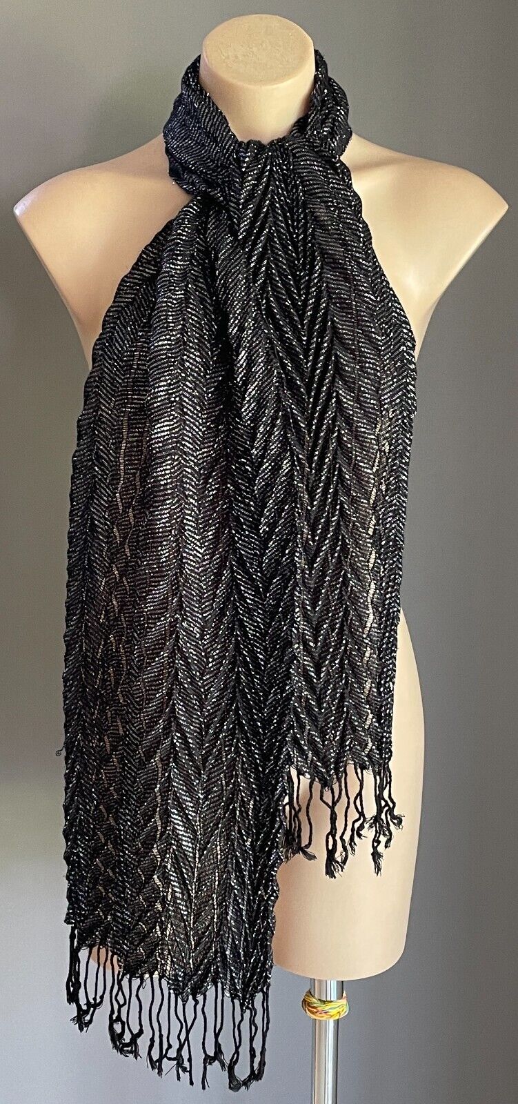 Neck SCARF Black & Silver Thread Herringbone Pattern Rectangle Fringed Trim