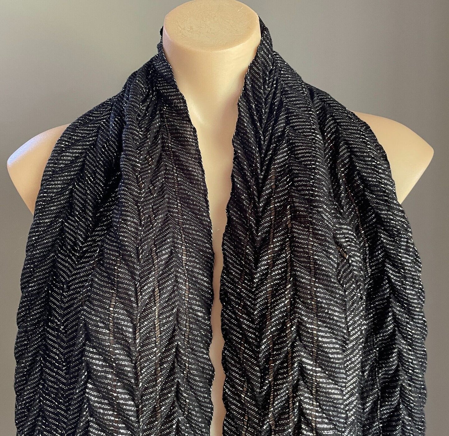 Neck SCARF Black & Silver Thread Herringbone Pattern Rectangle Fringed Trim
