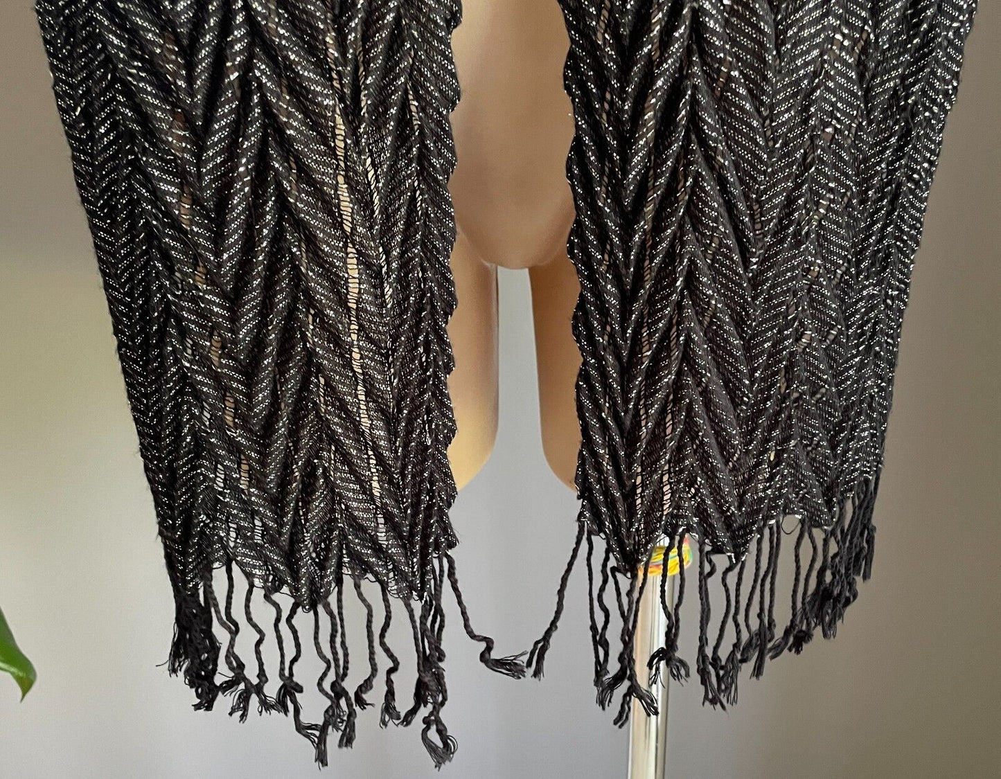 Neck SCARF Black & Silver Thread Herringbone Pattern Rectangle Fringed Trim