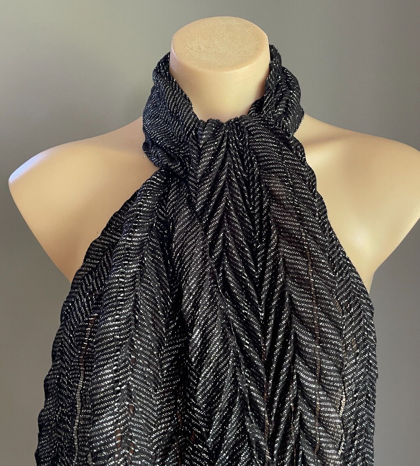Neck SCARF Black & Silver Thread Herringbone Pattern Rectangle Fringed Trim