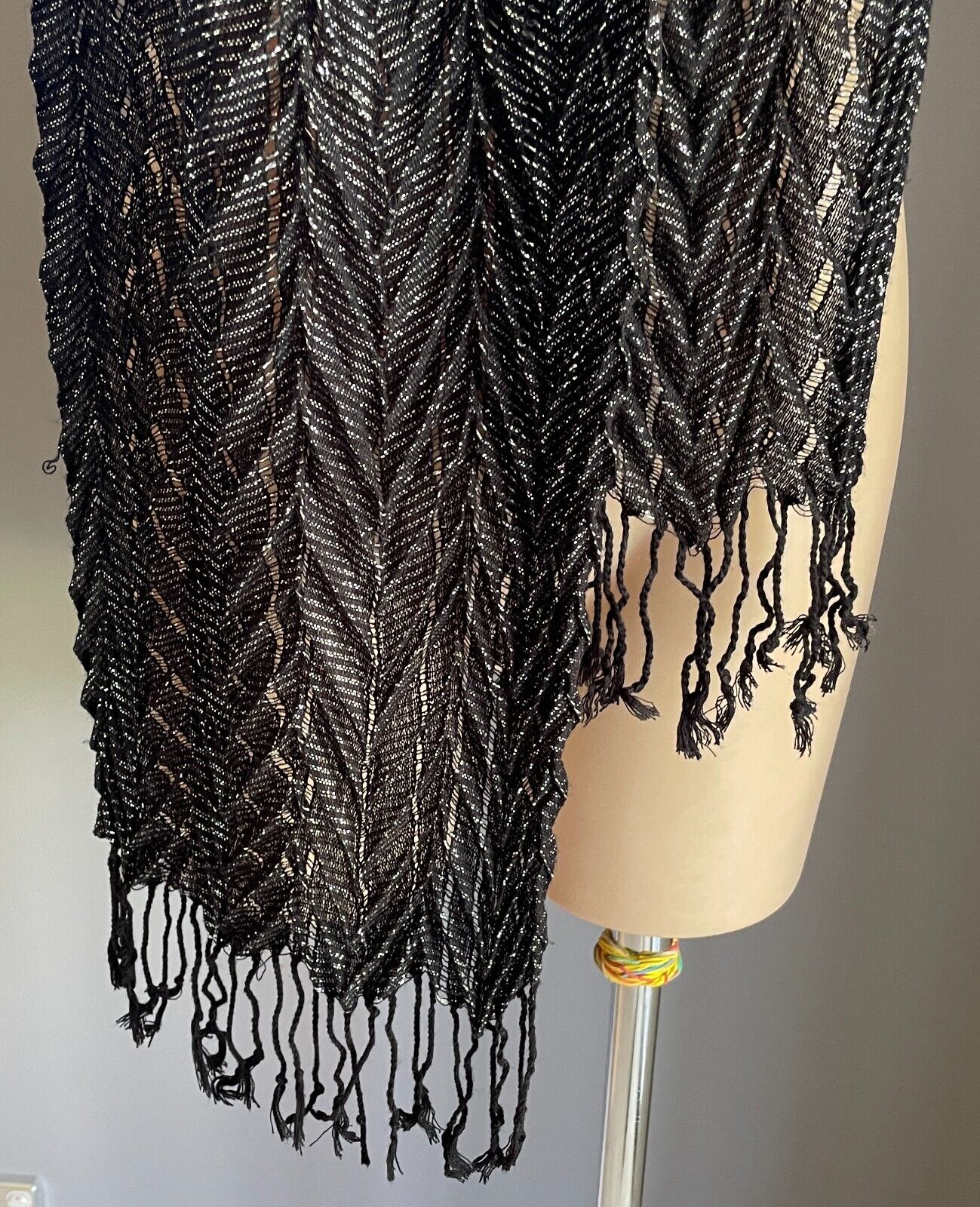 Neck SCARF Black & Silver Thread Herringbone Pattern Rectangle Fringed Trim
