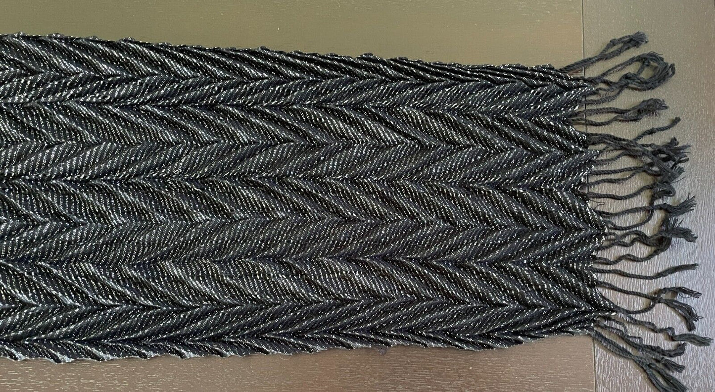 Neck SCARF Black & Silver Thread Herringbone Pattern Rectangle Fringed Trim