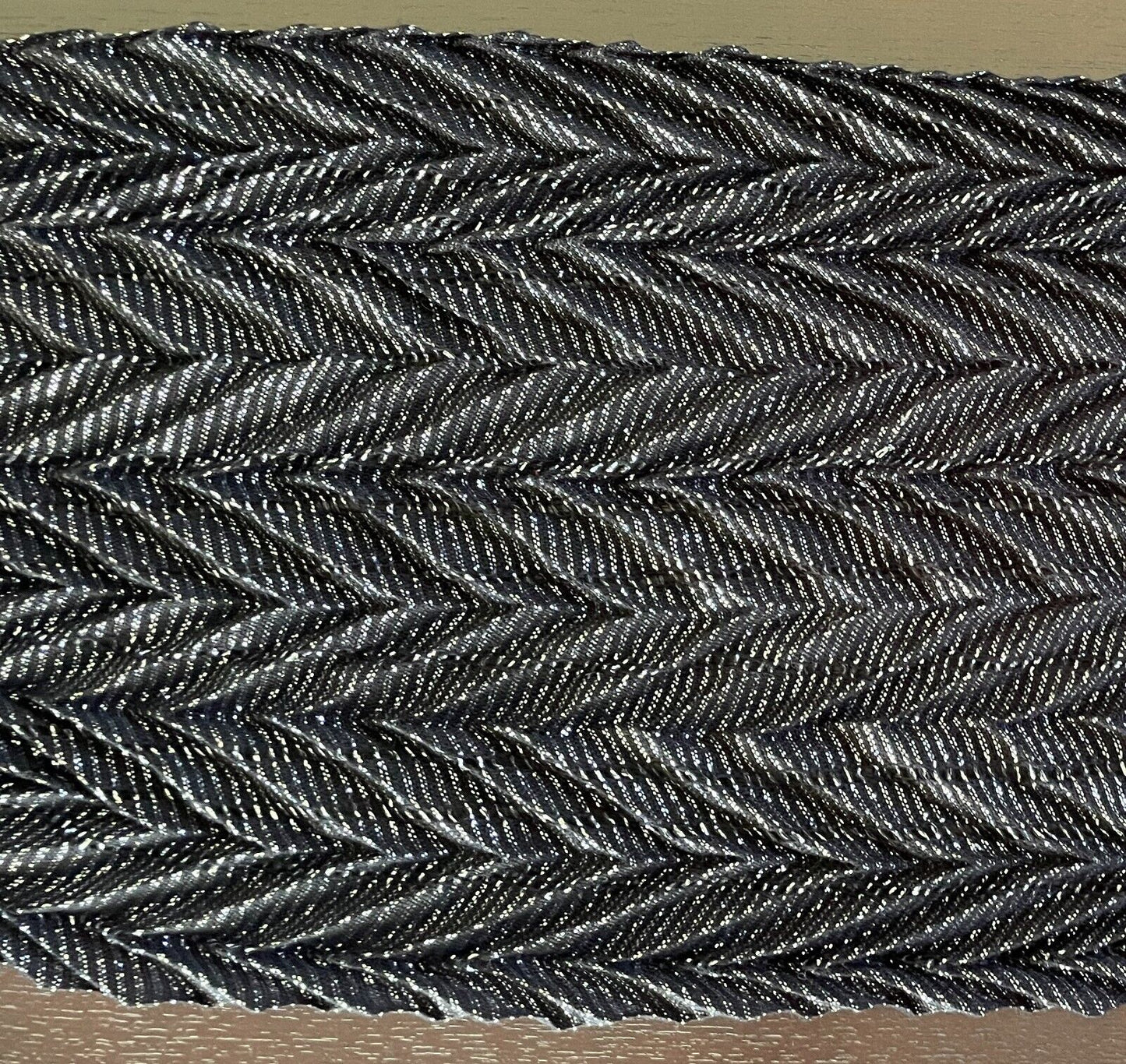 Neck SCARF Black & Silver Thread Herringbone Pattern Rectangle Fringed Trim