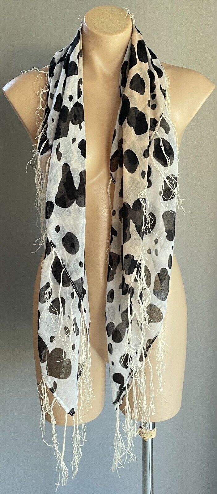 Neck SCARF Long Fringed Ombre Black Grey Brown Print Semi Sheer
