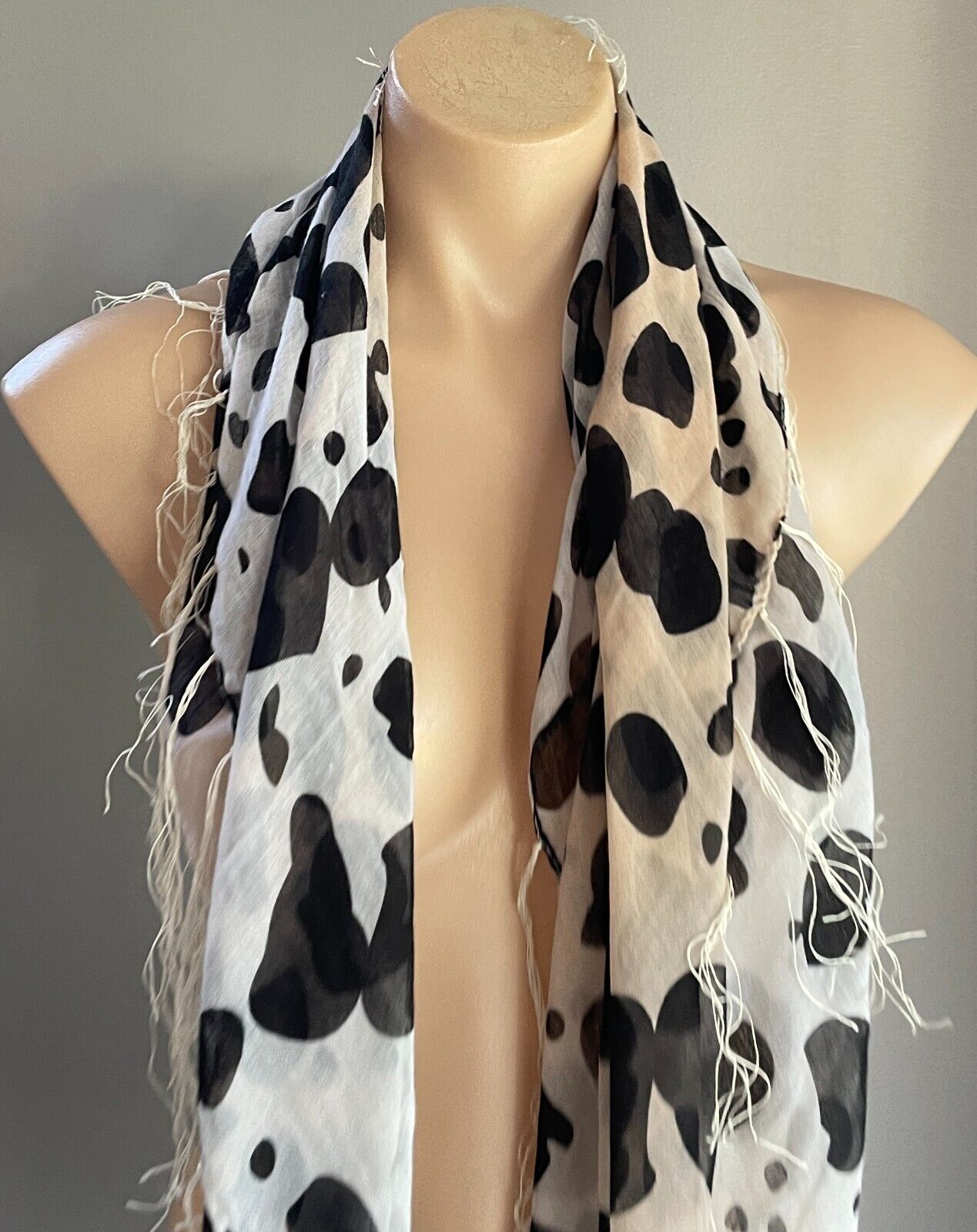 Neck SCARF Long Fringed Ombre Black Grey Brown Print Semi Sheer