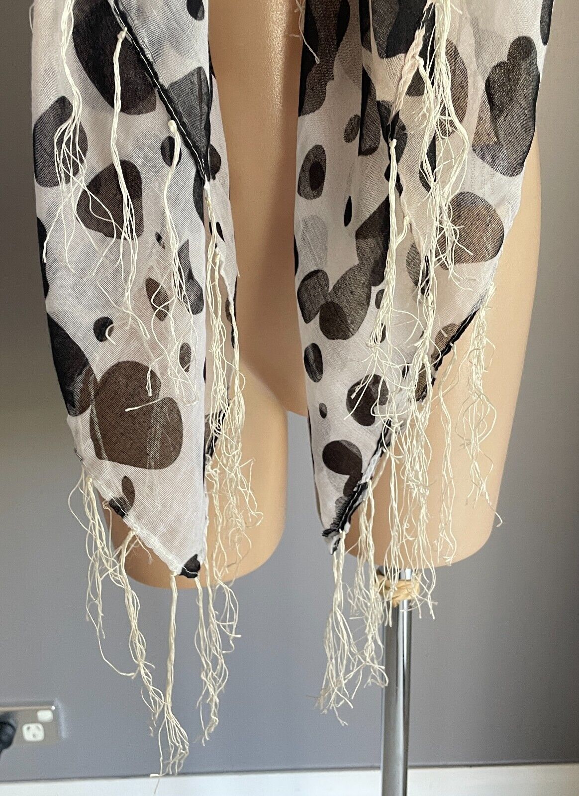 Neck SCARF Long Fringed Ombre Black Grey Brown Print Semi Sheer
