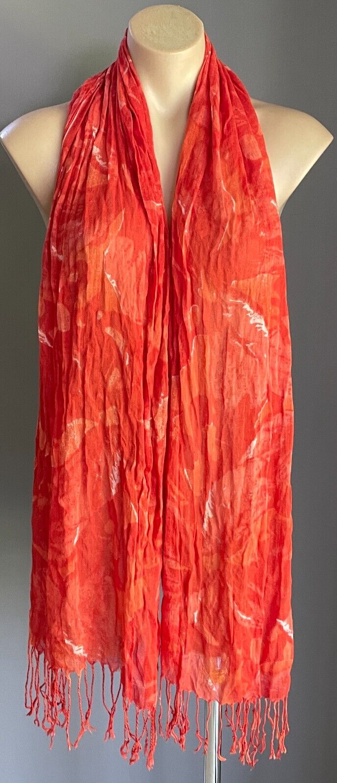Neck SCARF Bright Orange White Abstract Fabric Rectangle Wrinkle Crinkle Fringe