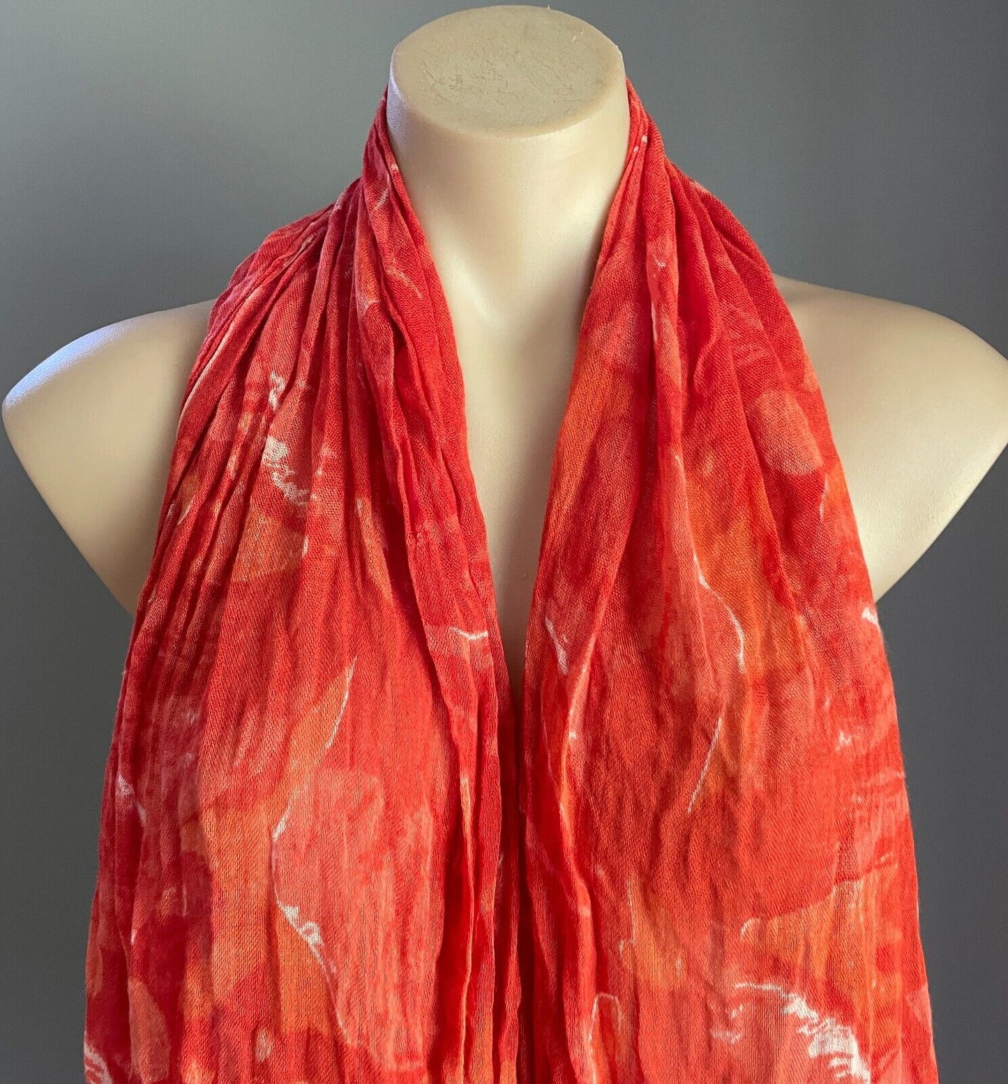 Neck SCARF Bright Orange White Abstract Fabric Rectangle Wrinkle Crinkle Fringe