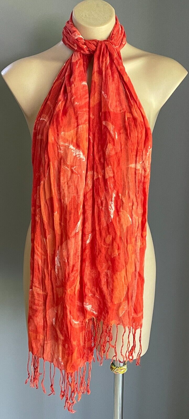 Neck SCARF Bright Orange White Abstract Fabric Rectangle Wrinkle Crinkle Fringe