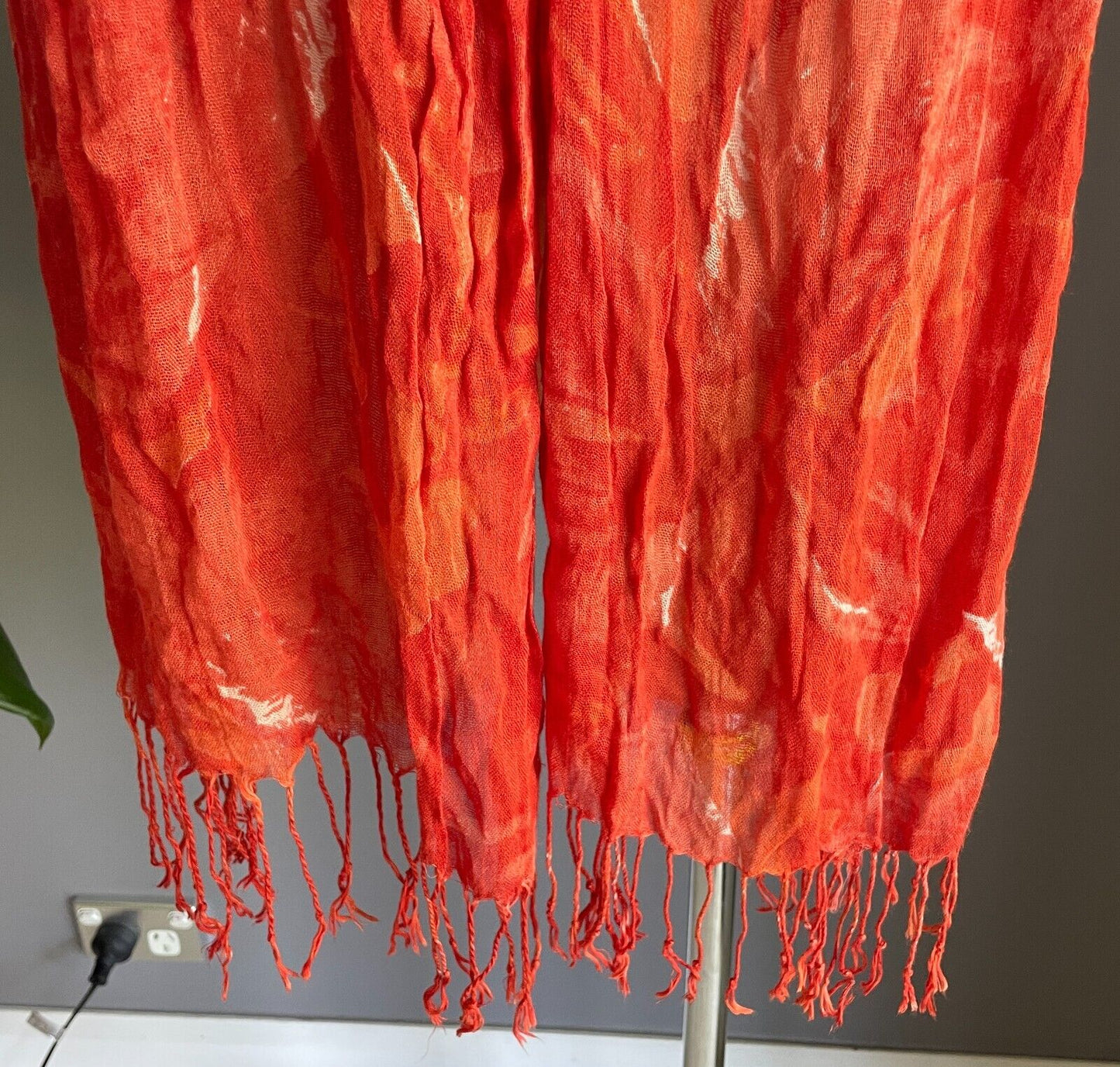 Neck SCARF Bright Orange White Abstract Fabric Rectangle Wrinkle Crinkle Fringe