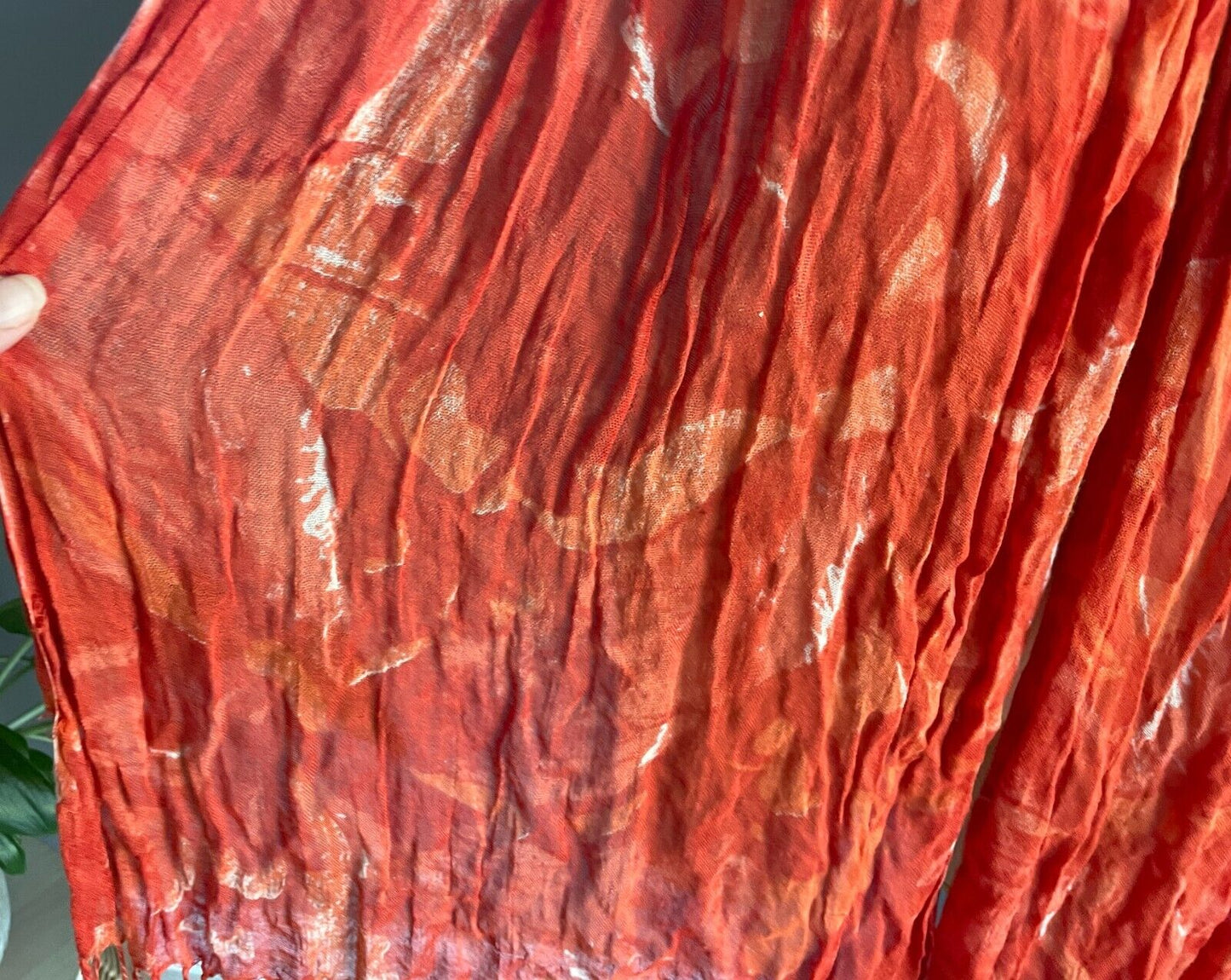 Neck SCARF Bright Orange White Abstract Fabric Rectangle Wrinkle Crinkle Fringe