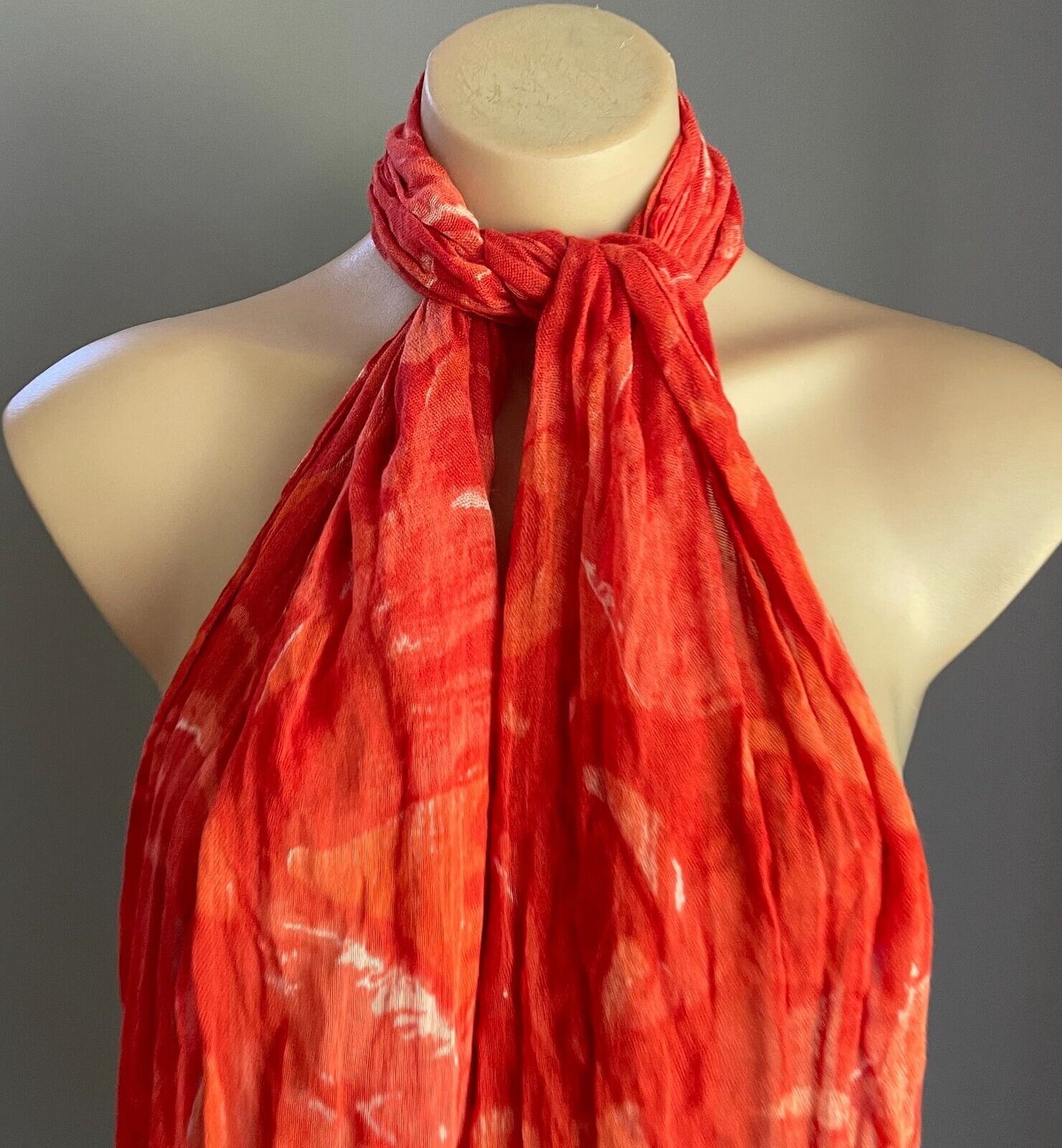 Neck SCARF Bright Orange White Abstract Fabric Rectangle Wrinkle Crinkle Fringe