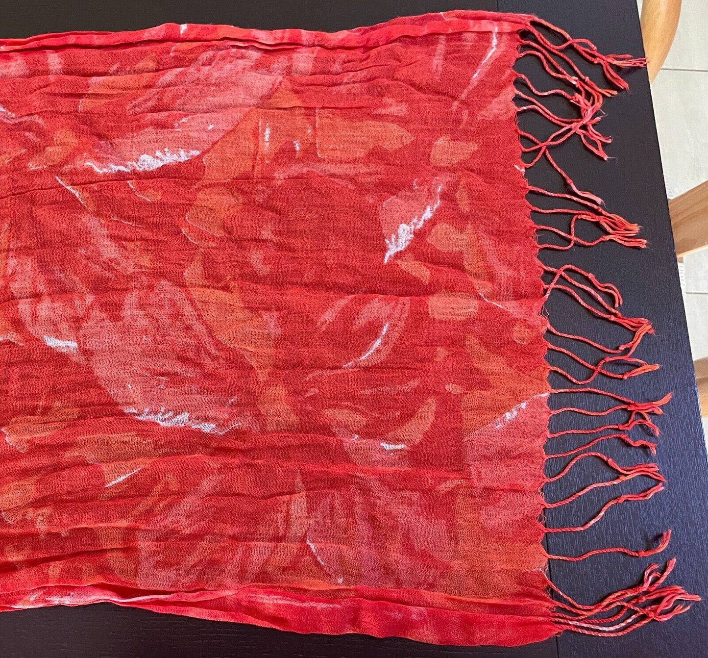 Neck SCARF Bright Orange White Abstract Fabric Rectangle Wrinkle Crinkle Fringe