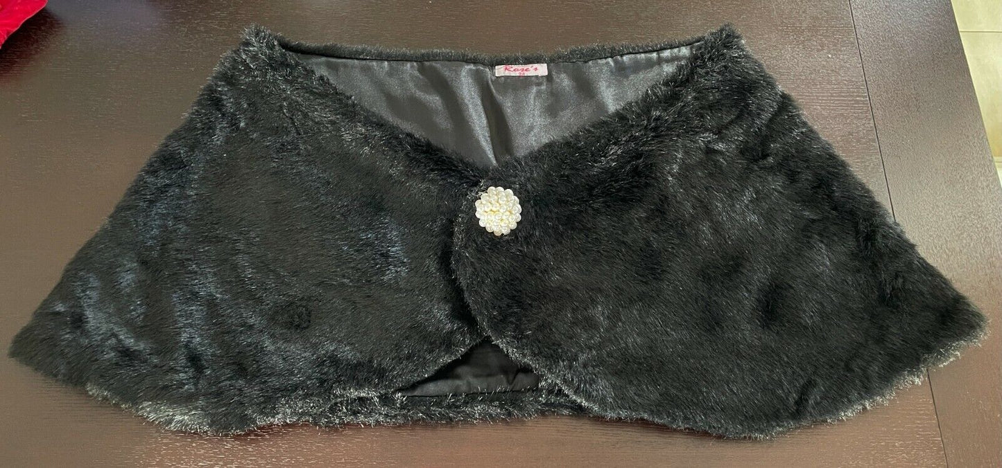 Faux Fur Stole ROSE'S Black Wrap w Stunning Pearl Fastening COLLAR Plus Size 24