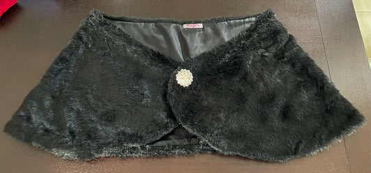 Faux Fur Stole ROSE'S Black Wrap w Stunning Pearl Fastening COLLAR Plus Size 24