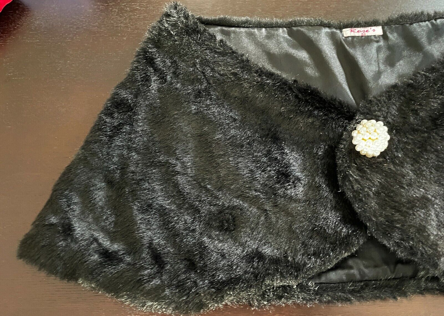 Faux Fur Stole ROSE'S Black Wrap w Stunning Pearl Fastening COLLAR Plus Size 24
