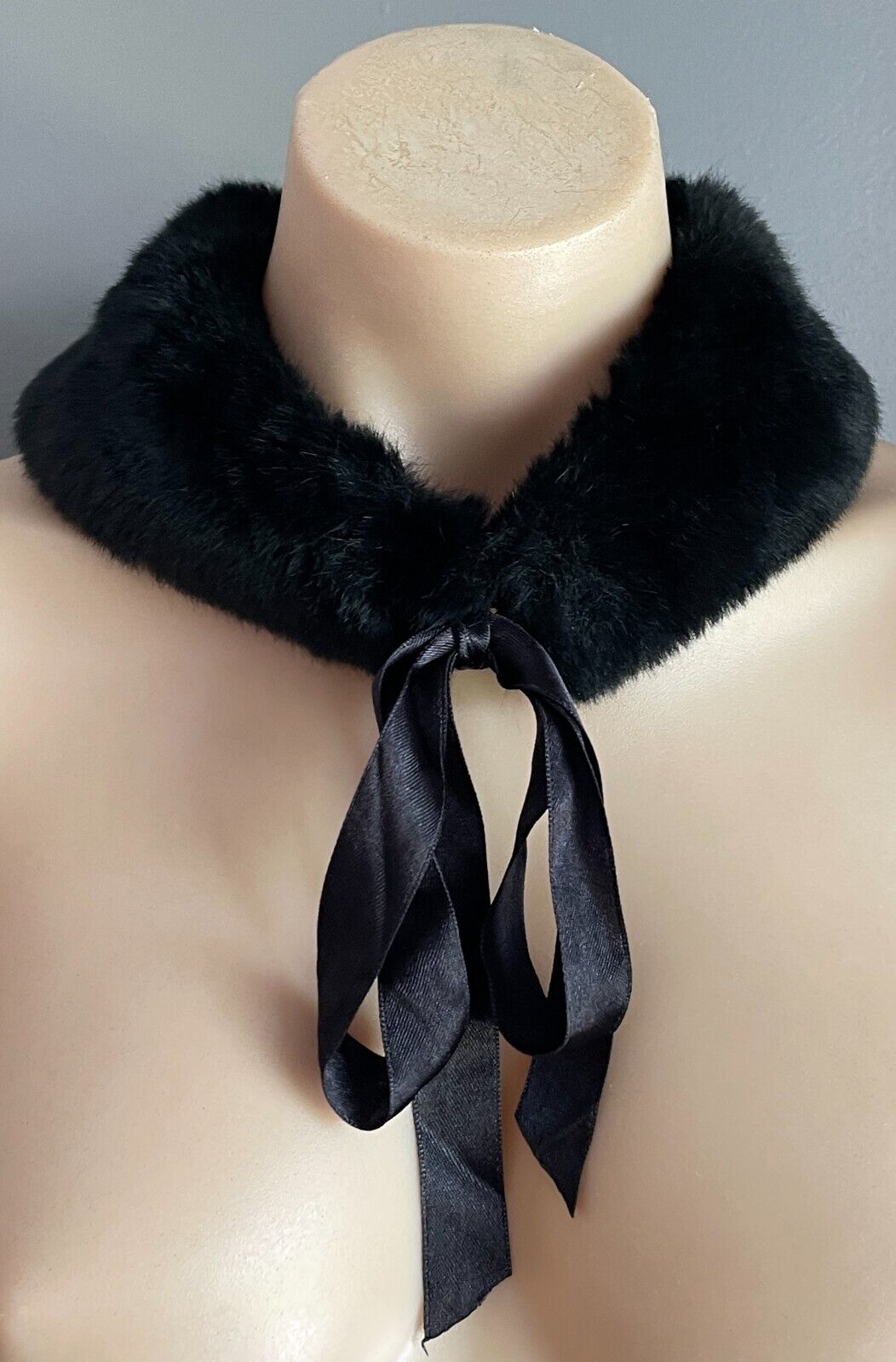 Vintage Faux FUR COLLAR Black Wrap Ribbon Tie Front Fit Sizes 10 - 12 8cm Scarf