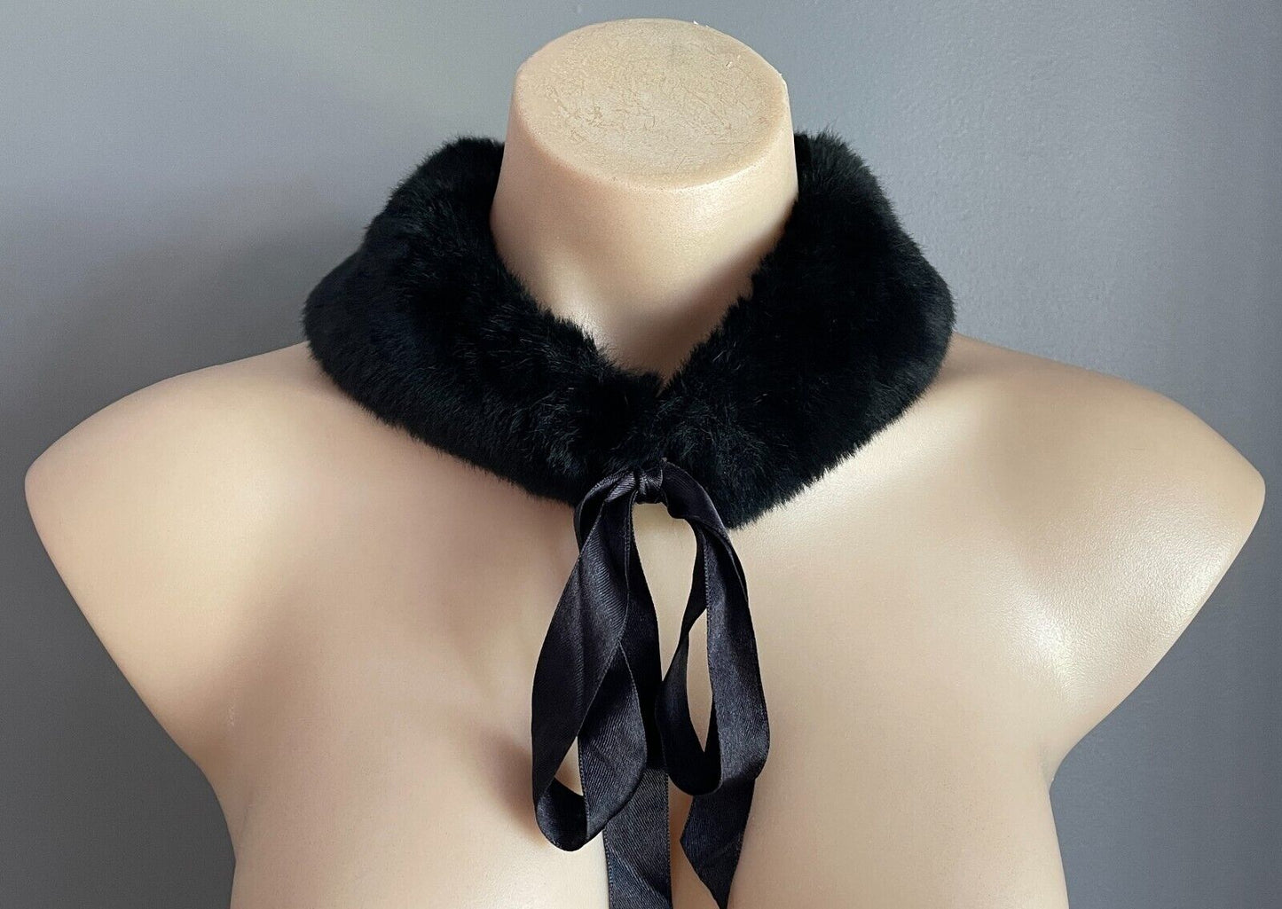 Vintage Faux FUR COLLAR Black Wrap Ribbon Tie Front Fit Sizes 10 - 12 8cm Scarf