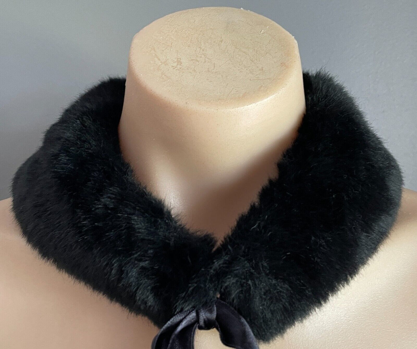 Vintage Faux FUR COLLAR Black Wrap Ribbon Tie Front Fit Sizes 10 - 12 8cm Scarf
