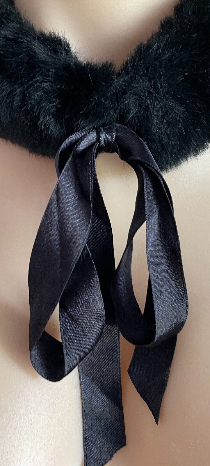 Vintage Faux FUR COLLAR Black Wrap Ribbon Tie Front Fit Sizes 10 - 12 8cm Scarf
