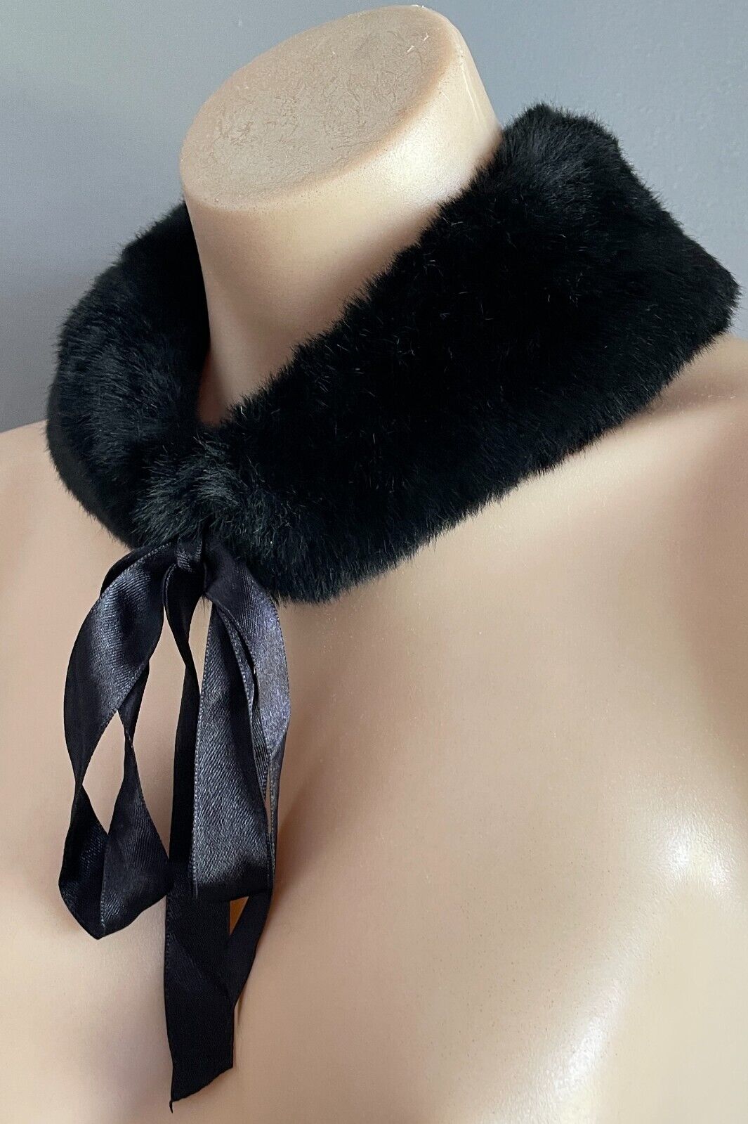 Vintage Faux FUR COLLAR Black Wrap Ribbon Tie Front Fit Sizes 10 - 12 8cm Scarf