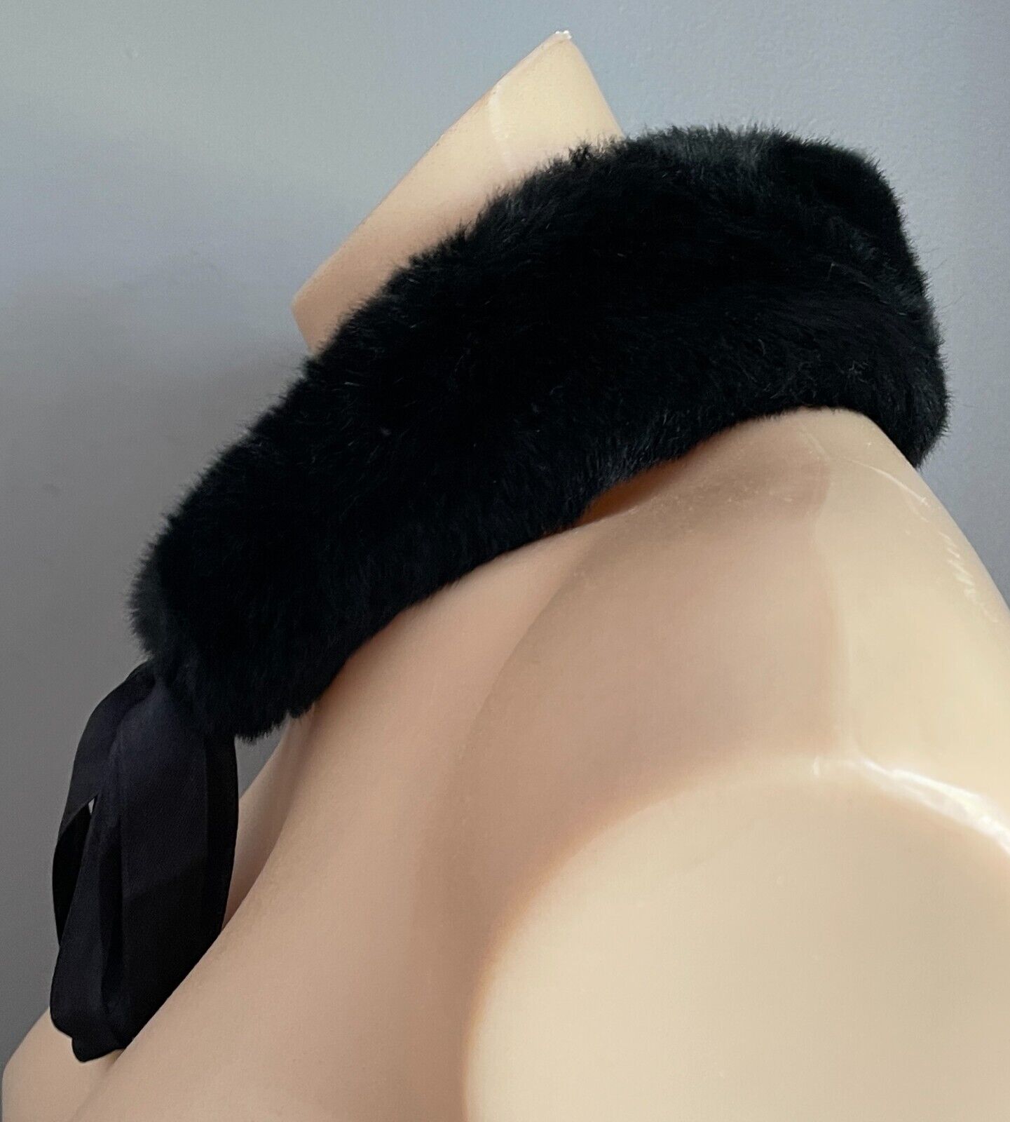 Vintage Faux FUR COLLAR Black Wrap Ribbon Tie Front Fit Sizes 10 - 12 8cm Scarf