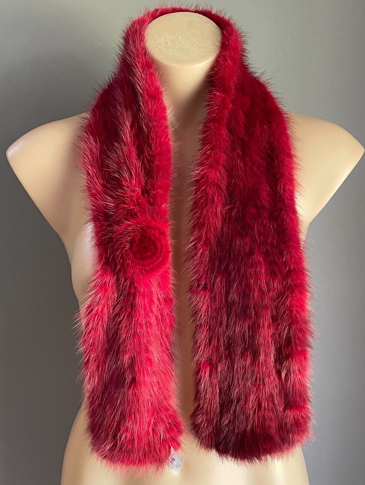Real MINK Fur Stole Burgundy Red Wrap Collar Rosette Detail 104 x 11cm Scarf