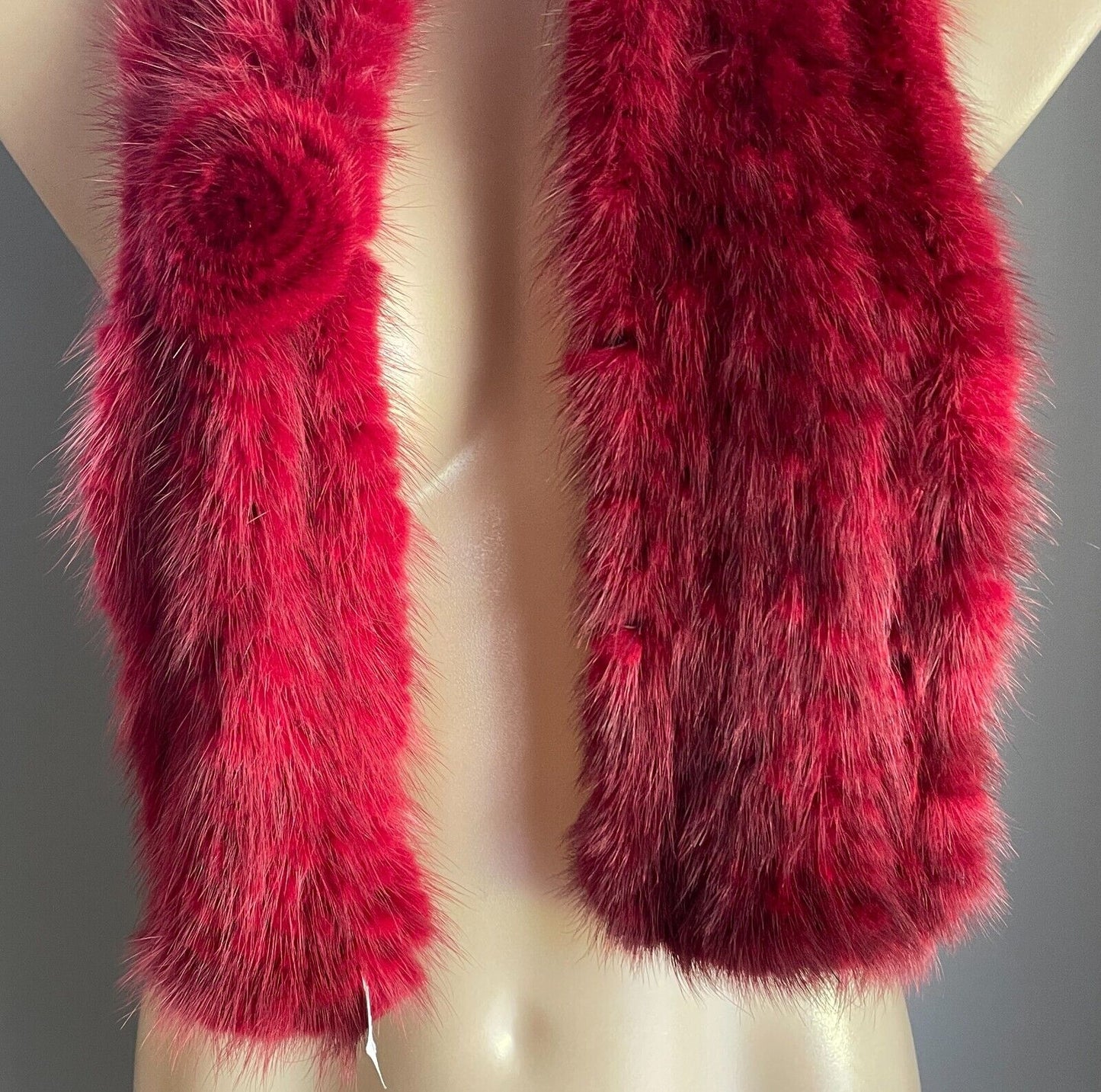 Real MINK Fur Stole Burgundy Red Wrap Collar Rosette Detail 104 x 11cm Scarf