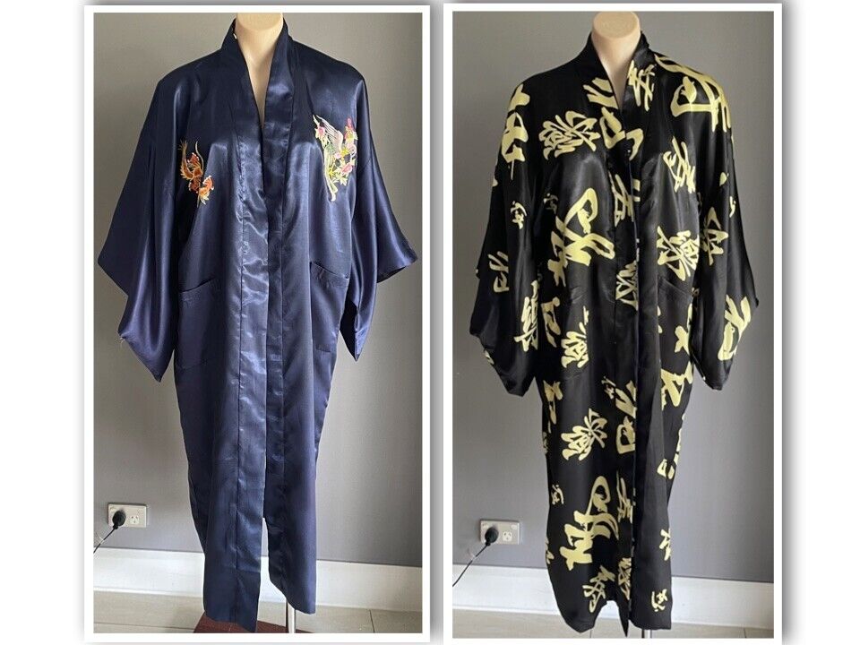 KIMONO Robe Reversible Black Gold Blue Dragon Print Size M Short SleevesOriental