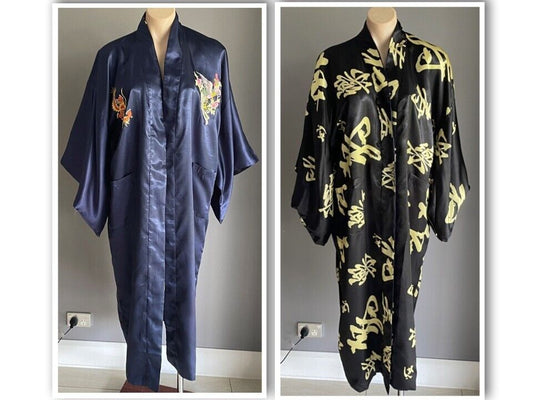 KIMONO Robe Reversible Black Gold Blue Dragon Print Size M Short SleevesOriental
