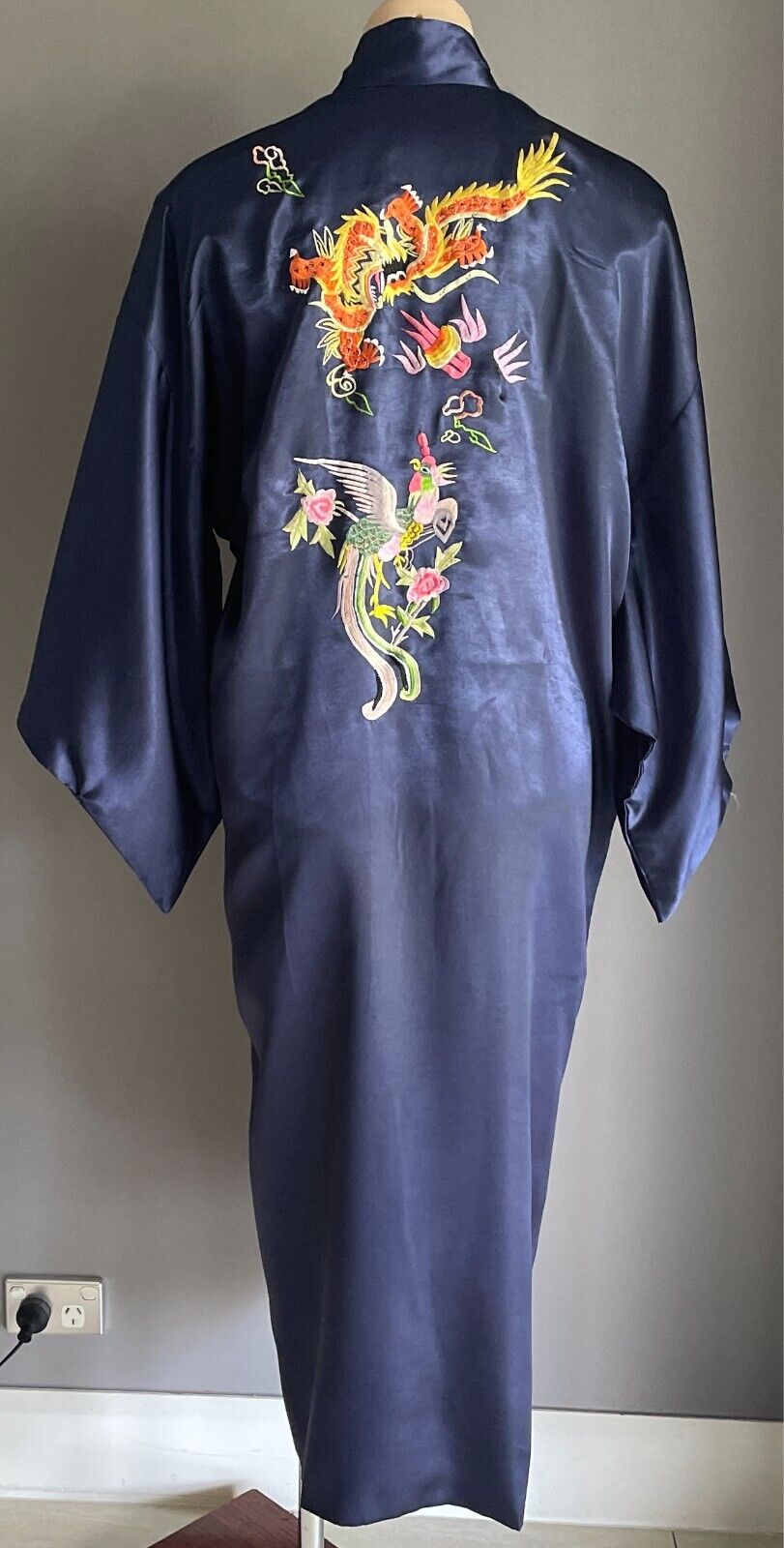 KIMONO Robe Reversible Black Gold Blue Dragon Print Size M Short SleevesOriental