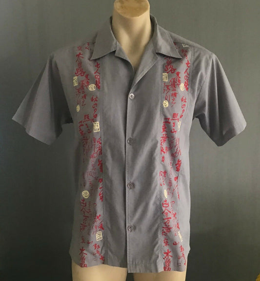 LEE DENIM Mens Short Sleeve Shirt Grey w Oriental Print Panels Size M