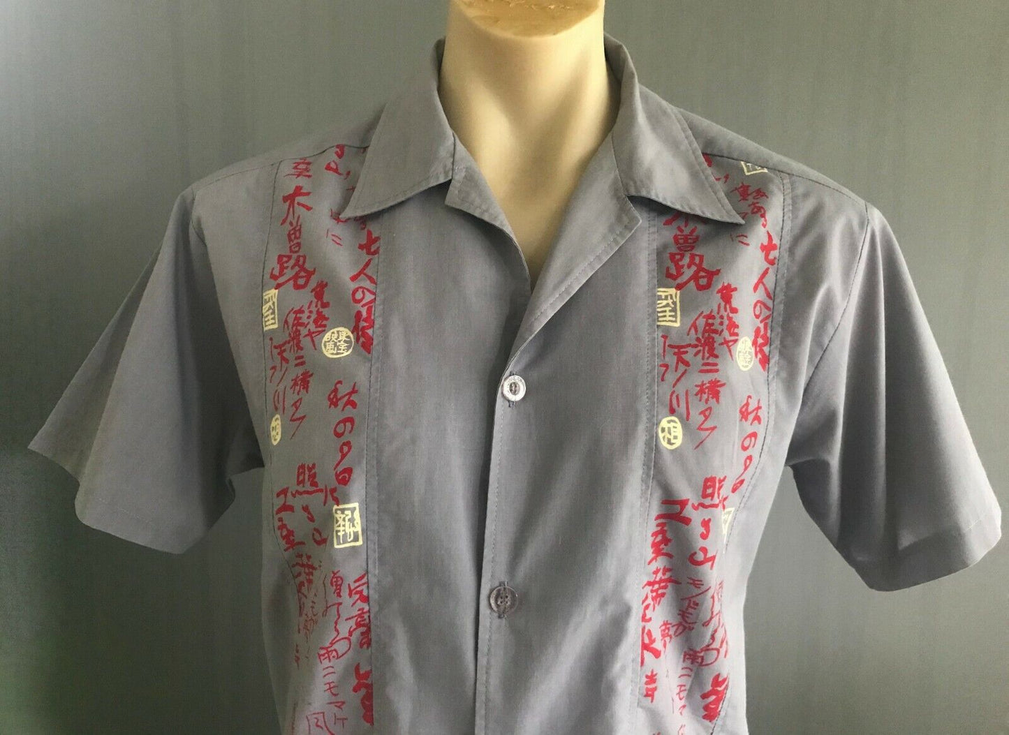 LEE DENIM Mens Short Sleeve Shirt Grey w Oriental Print Panels Size M